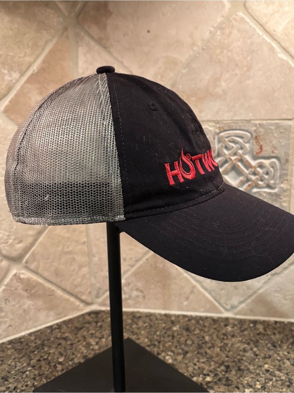 Hotworx brand yoga baseball cap features a classic fitness mesh back in gray.